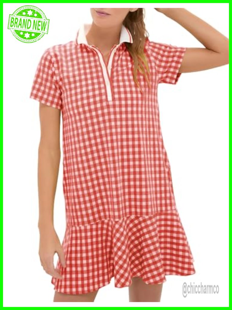 Gingham Polo Dress Short Sleeve Ruffle Hem Mini Tennis Golf Casual Dress